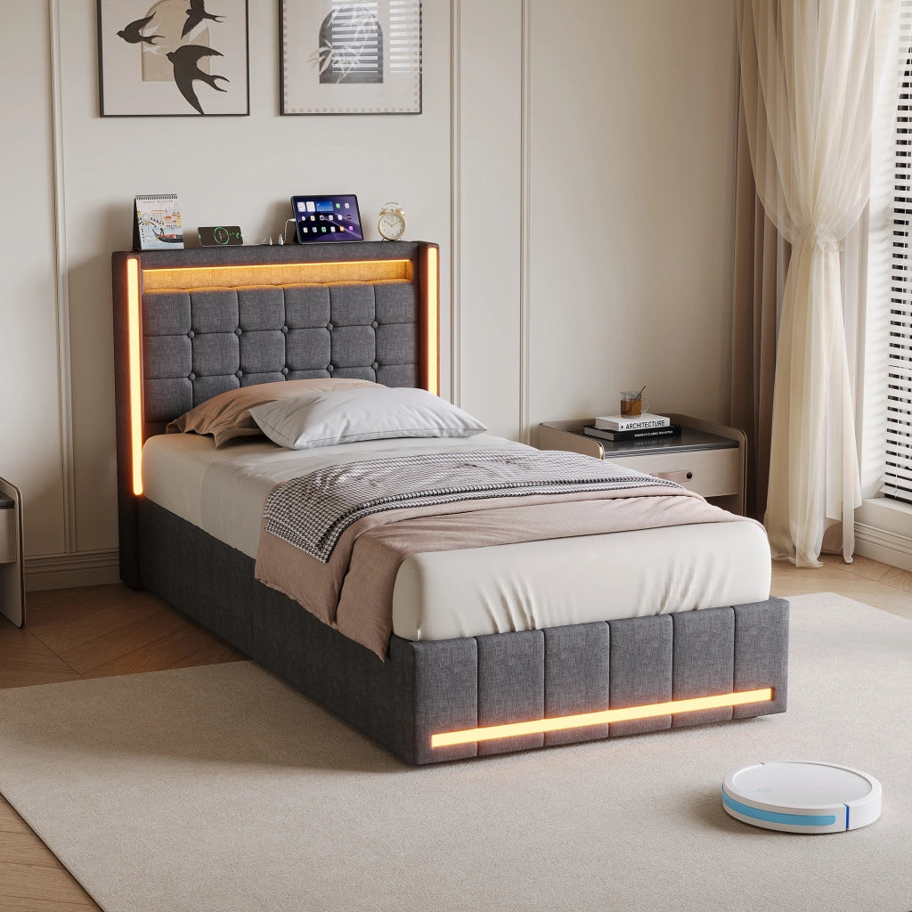 Letto singolo 90x200 cm con contenitore e LED  struttura letto con testiera e USB  letto contenitore in acciaio-grigio