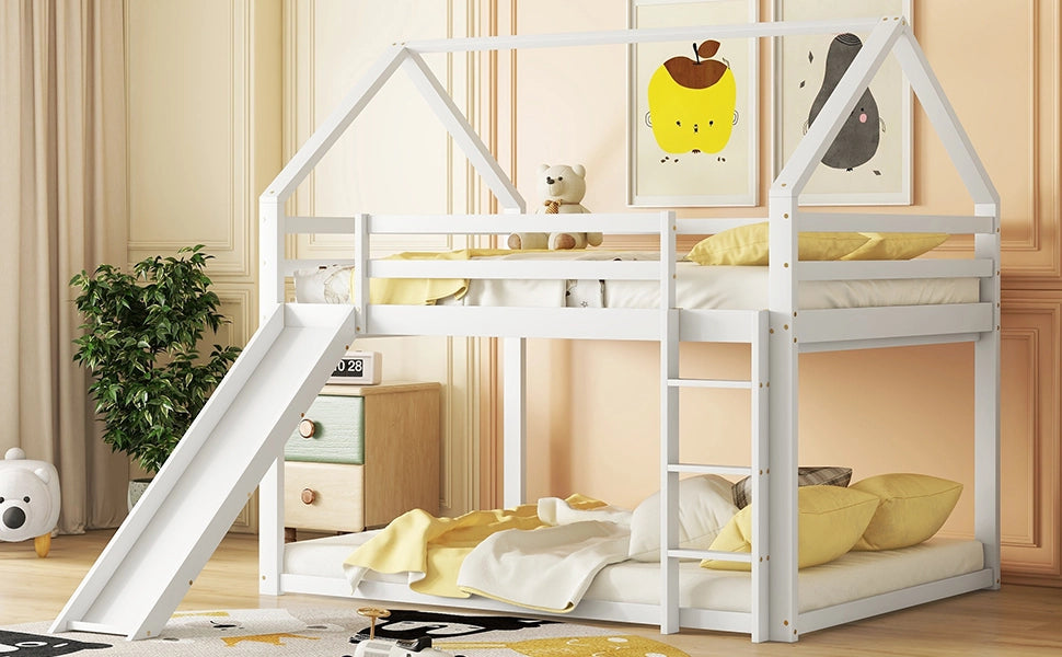 DESMIU Letto a castello casetta 140 × 200 cm 2 posti con scivolo e scala, senza materasso, in pino, bianco