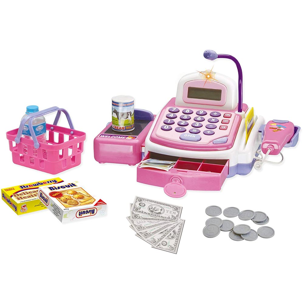 Registratore Cassa Giocattolo Bambini Scanner Microfono e Cestino Gioco Spesa