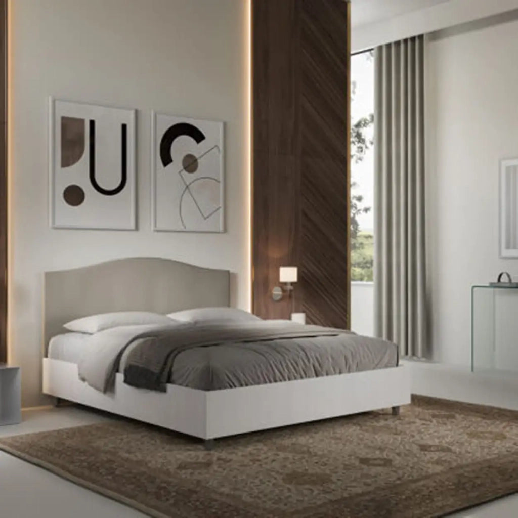 Letto matrimoniale con rete 160x200 bianco frassino testata similpelle tortora Grace