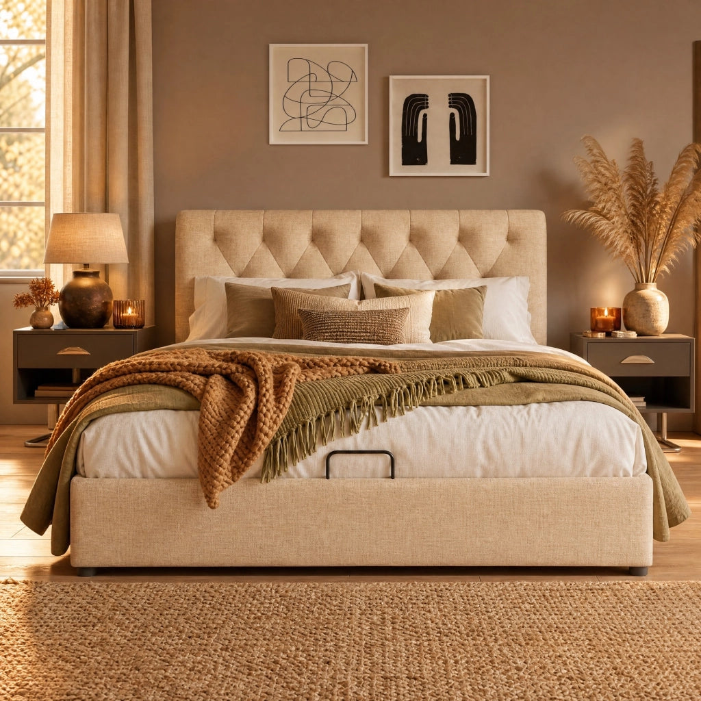 Letto matrimoniale imbottito 140x200 cm con testiera regolabile; contenitore idraulico; lino naturale