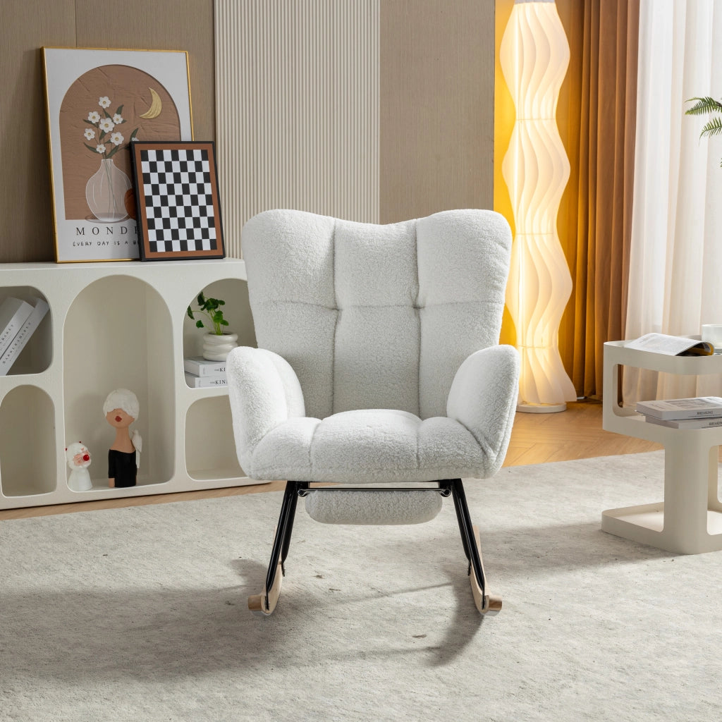 POLTRONA a dondolo 80x98x98,5 cm Teddy bianco con poggiapiedi pieghevole