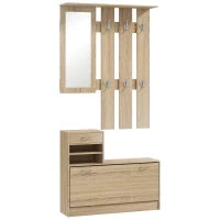 Mobile Appendiabiti 3 in 1 con Scarpiera e Specchio, Ganci e Cassetti, in Legno, 90x24x177 cm, color Quercia