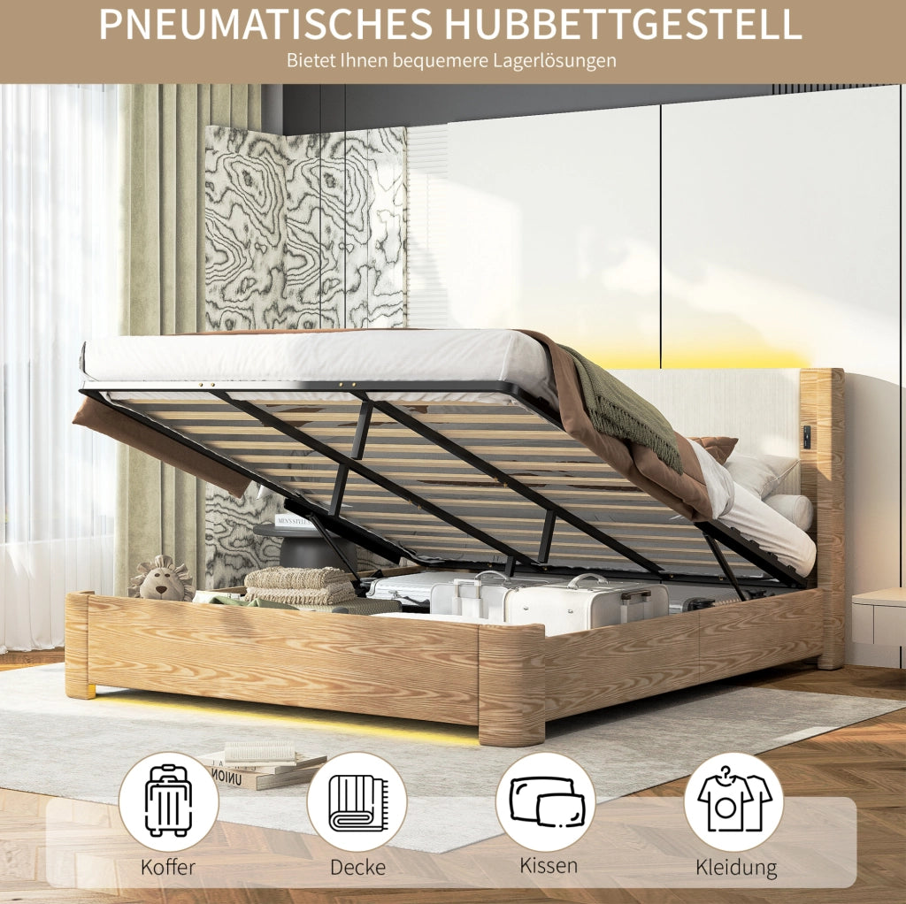 Letto beige 180 x 200 cm con sollevamento idraulico e illuminazione LED