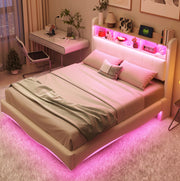 Letto matrimoniale imbottito sospeso 140x200 cm con LED; USB e Type-C; beige