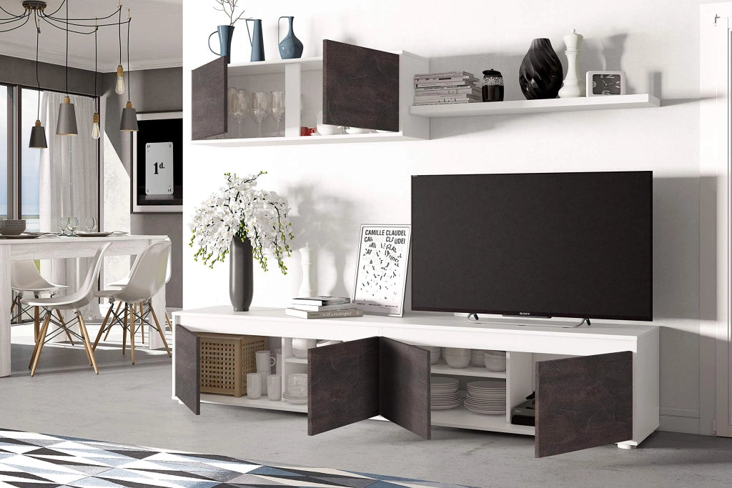Parete Attrezzata Mobile Soggiorno Tv Con Mensola E Modulo Sospeso Per Salotto Sala Da Pranzo Design Moderno 200 X 41 X 43 Cm Colore Bianco/Ossido