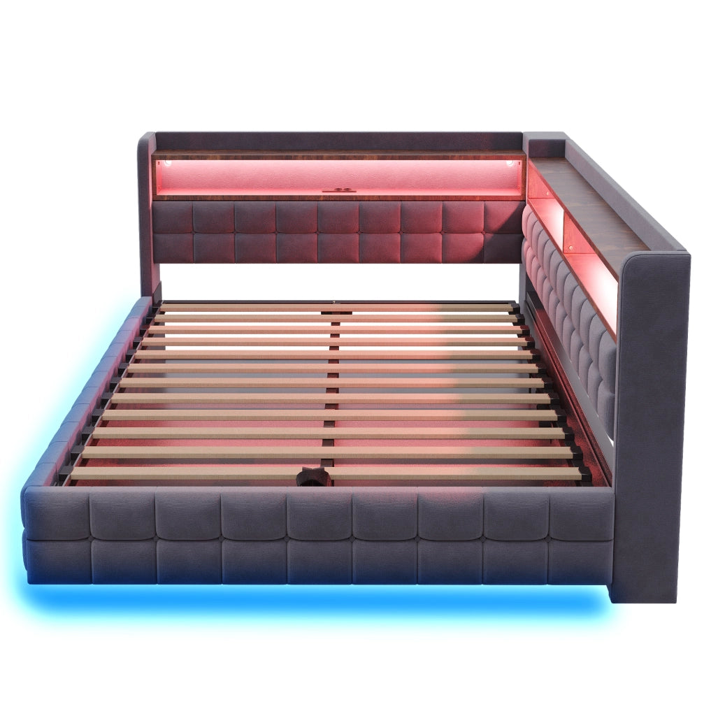 Letto imbottito divano letto 140x200 cm con contenitore idraulico; LED; USB e Type-C; grigio