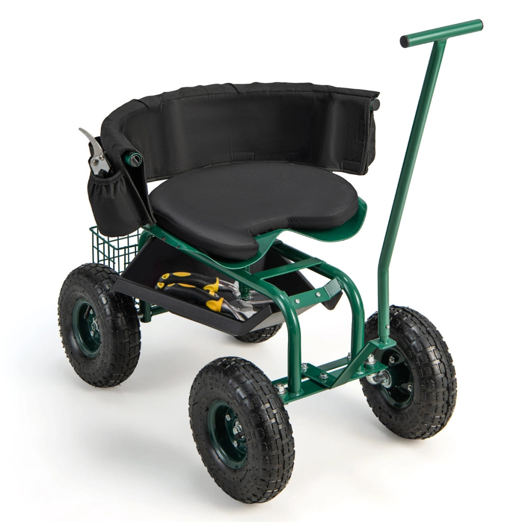 Carrello da giardino regolabile in altezza con seduta girevole e cuscino, Carrello per giardinaggio con vassoio Verde-Attrezzi da giardino