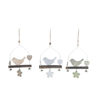 Set 12 Uccellini in Legno con Base da Appendere Largehzza 15 cm