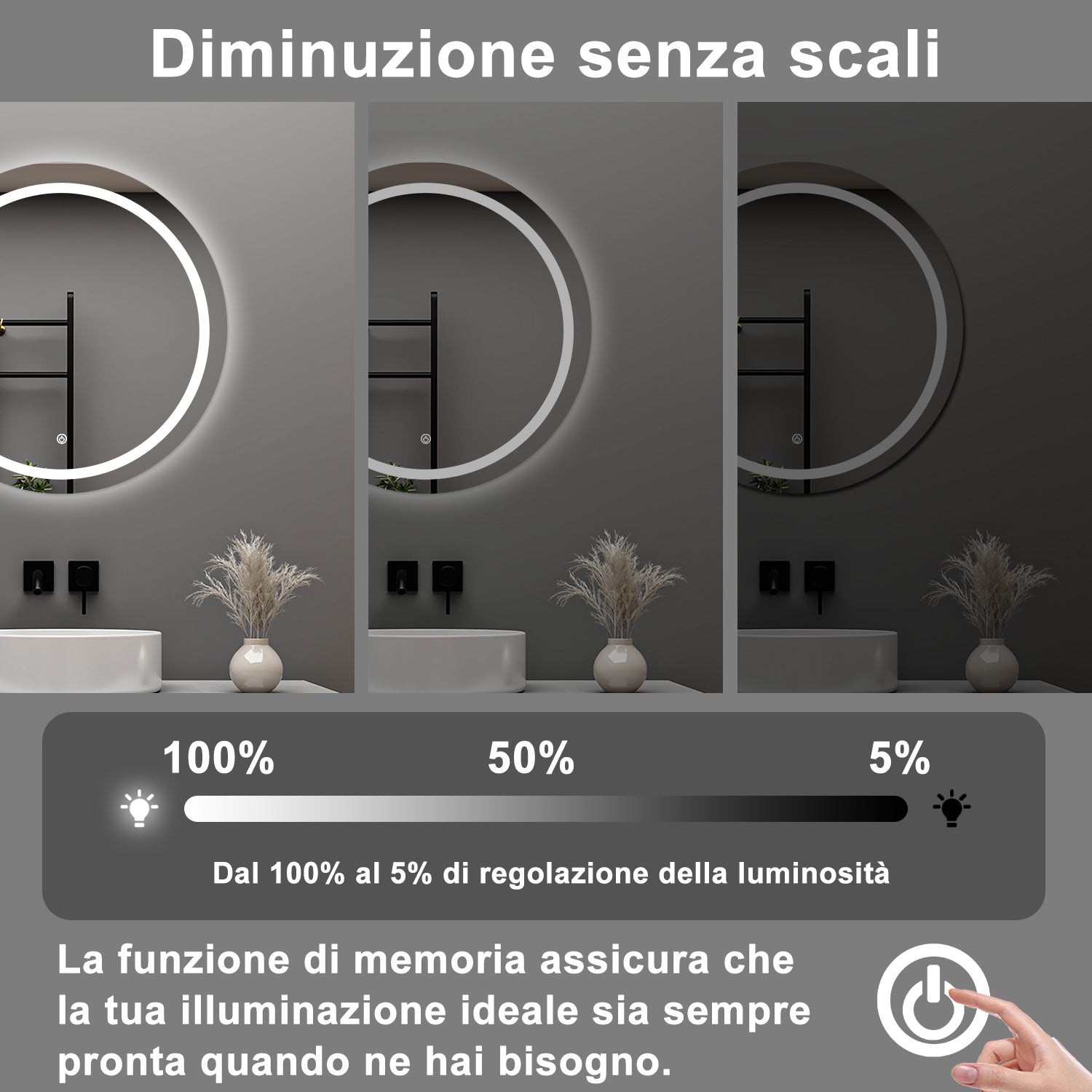 AICA Specchio da bagno 60 x 60 cm, antiappannamento, dimmerabile, interruttore touch, Funzione Memoria
