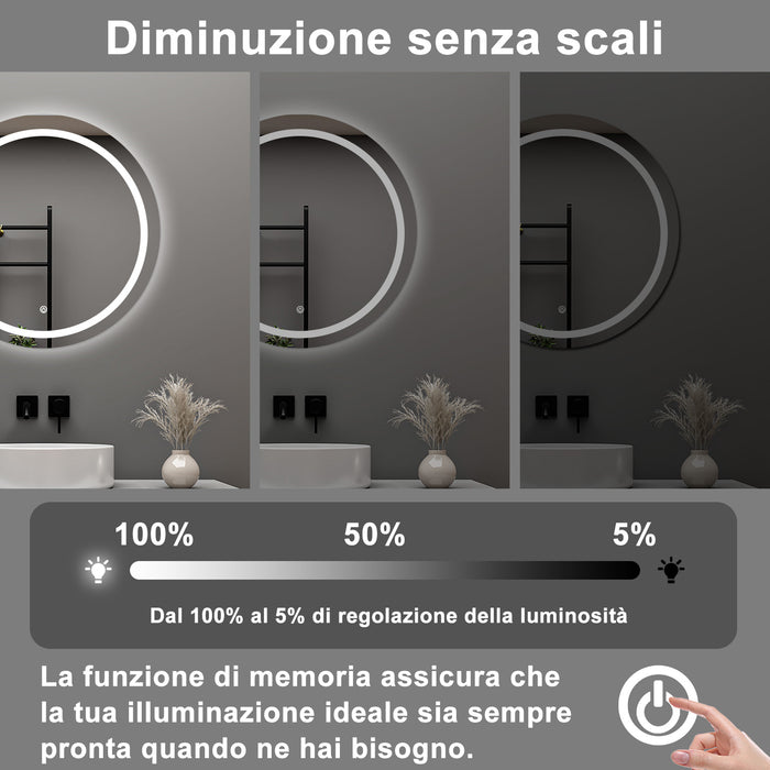 AICA Specchio da bagno 60 x 60 cm, antiappannamento, dimmerabile, interruttore touch, Funzione Memoria