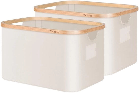 Set da due contenitori di stoccaggio per asciugatrice in bamboo, contenitori di stoccaggio in tessuto, contenitori di stoccaggio in tessuto, sacchi di stoccaggio in tessuto, 32L, beige
