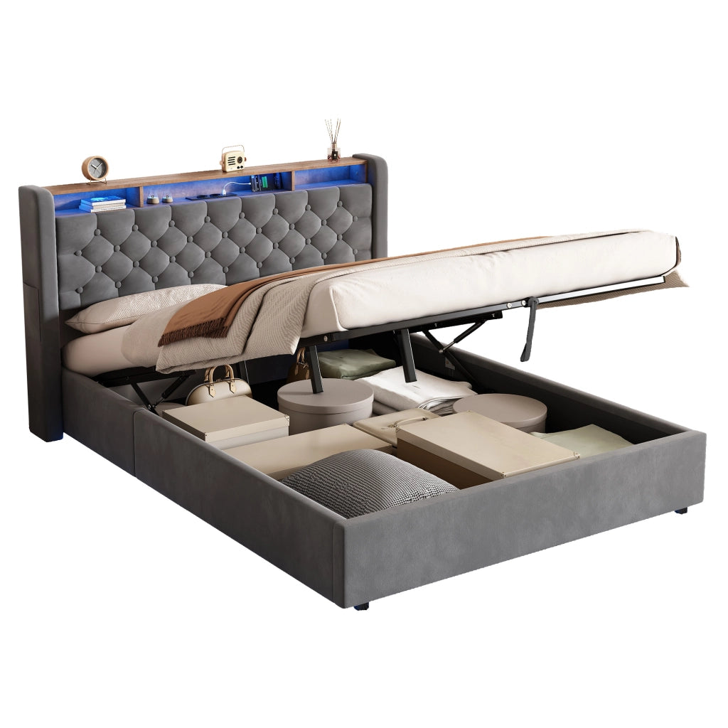 LETTO Imbottito 140 x 200 cm in Velluto Grigio con LED, USB e Contenitore