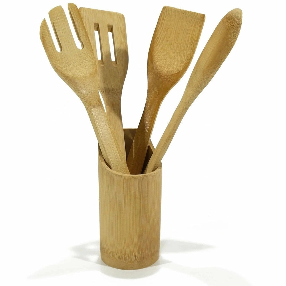 Trade Shop - Set 4 Mestoli In Bamboo Con Pratico Contenitore Porta Utensili Accessori Cucina H33cm -