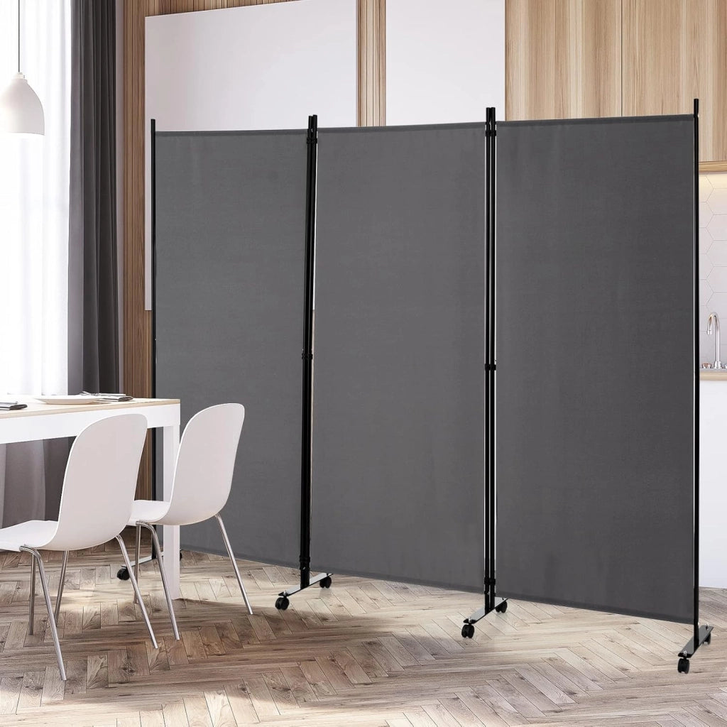 Paravento da Interno in Metallo, Separé Divisorio Interno Pieghevole con Piedini Stabili, Pannelli Divisori per Interni per Casa e Ufficio (Grigio, 262 x 180 cm (3 Pannelli con ruote))