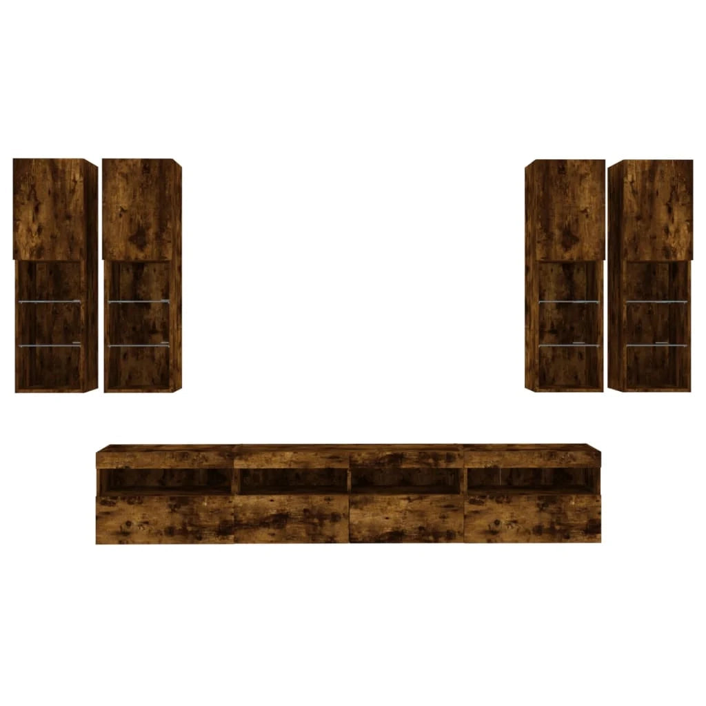 Set di 7 pezzi: armadio credenza mobile TV per soggiorno camera da letto e sala da pranzo da parete con luci LED finitura rovere fumé marrone 02_0025363