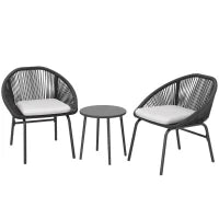 Set da Giardino con 2 Sedie con Cuscino e Tavolino da Caffè in Acciaio e Rattan PE, Nero
