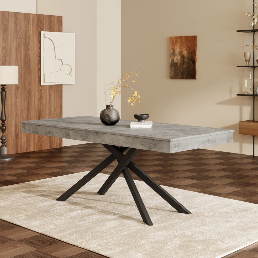 Tavolo da pranzo allungabile con piano da 93 mm, gambe incrociate, per sala da pranzo, cucina e soggiorno, grigio