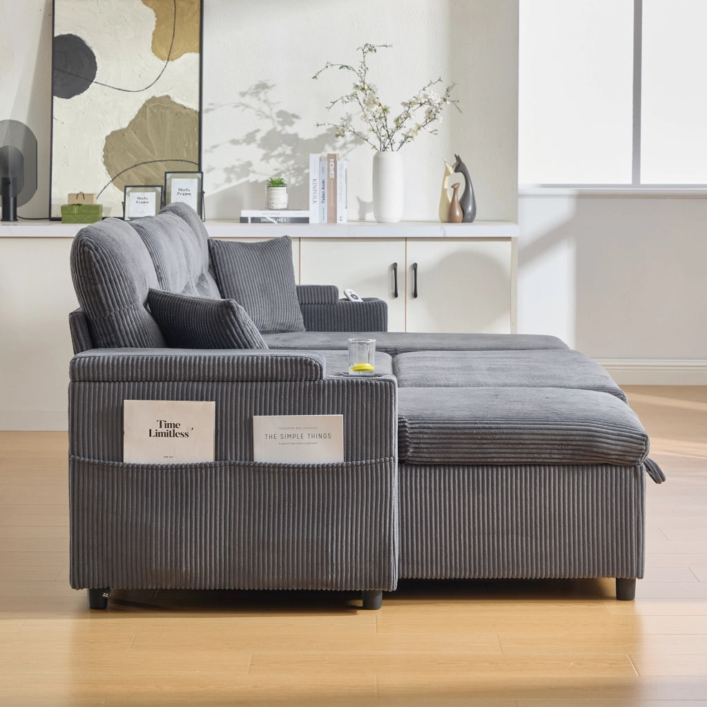 Divano a 4 posti in corduroy grigio carbone con doppia chaise longue, contenitore, USB-C e portabicchieri