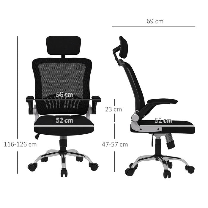 Sedia Poltrona Direzionale da Ufficio 66x69x116-126 cm Braccioli Ribaltabili in Tessuto a Rete Nero