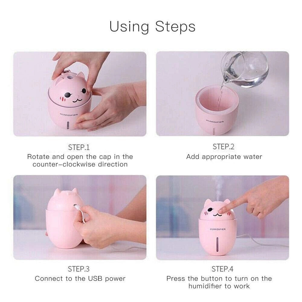 Trade Shop - Umidificatore Usb 3in1 Ultrasuoni Micetto Gatto 320ml Aromaterapia Diffusore -