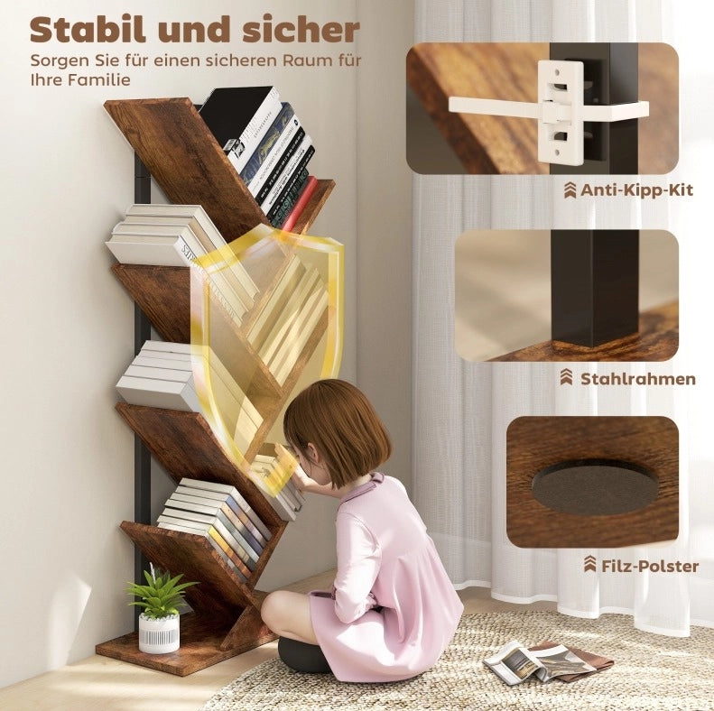 Libreria ad albero a 7 ripiani in legno marrone rustico