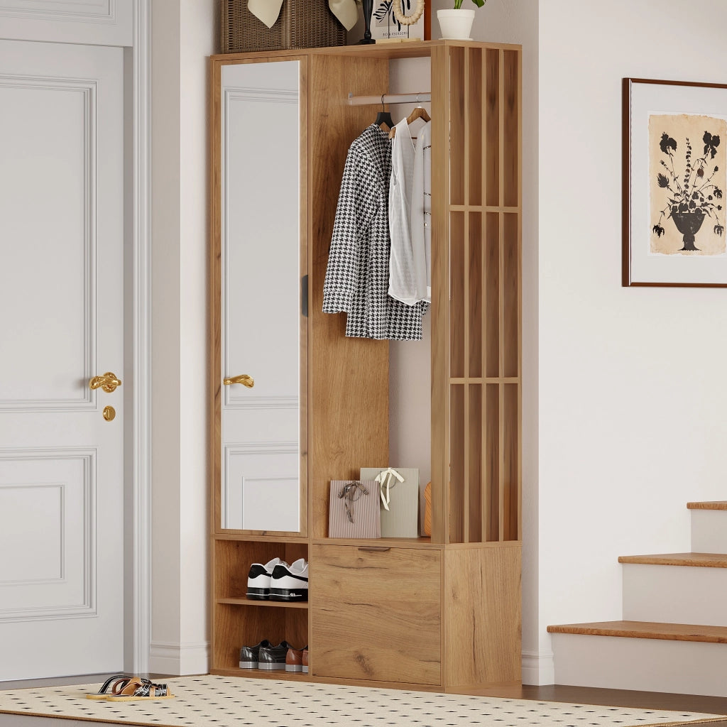 Mobile da Ingresso con 2 Armadi; 9 Vani; Barra Appendiabiti; Specchio; per Ingresso in Truciolare 100×33×190 cm