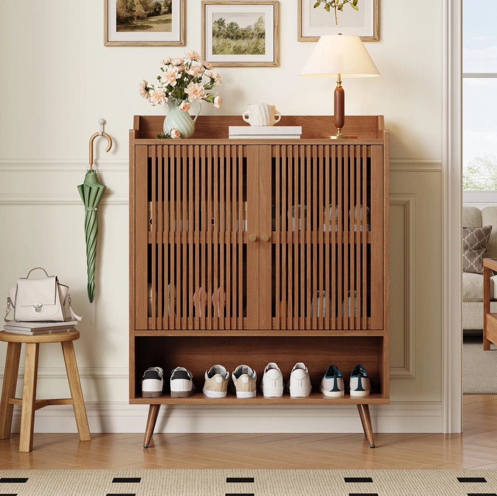 Scarpiera 80x35x105 cm noce in MDF e pino, vano aperto e ante ventilate