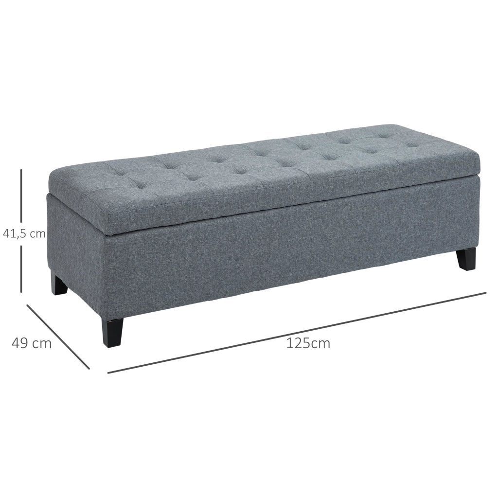 Panca imbottita con vano contenitore, effetto lino, colore grigio, 125 x 49 x 41,5 cm