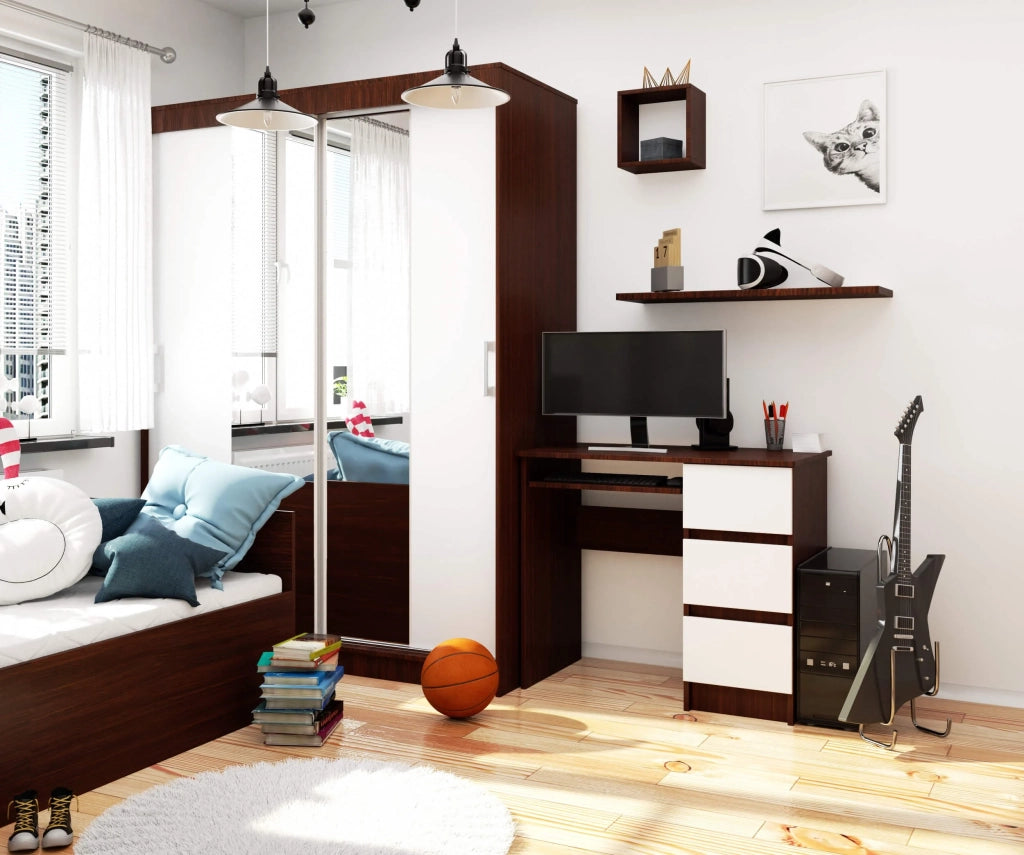 Scrivania per computer AKORD A6 Wengé 90 cm 3 cassetti inserto frontale Bianco 90x50x77 cm Modello a destra