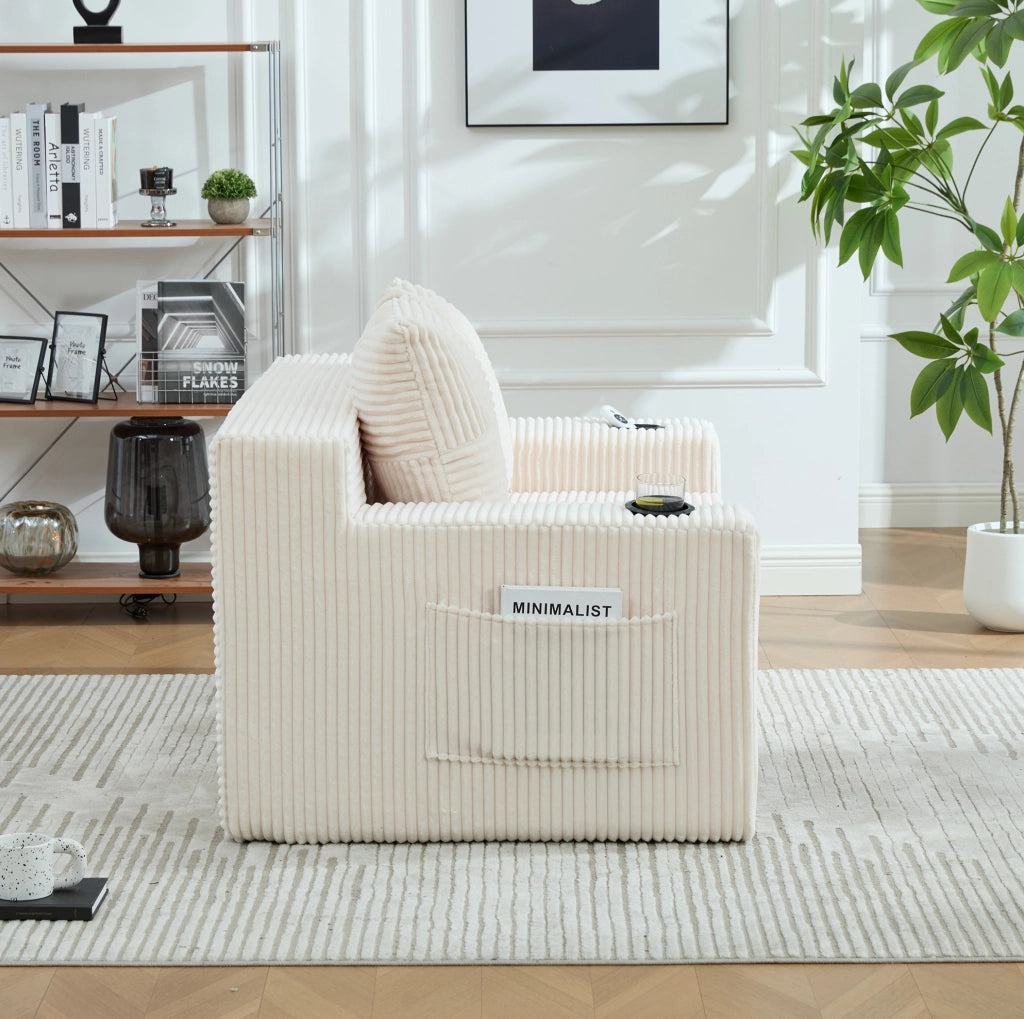 Pouf divano moderno 151x133x64 cm in corduroy beige con tasche laterali e cuscini