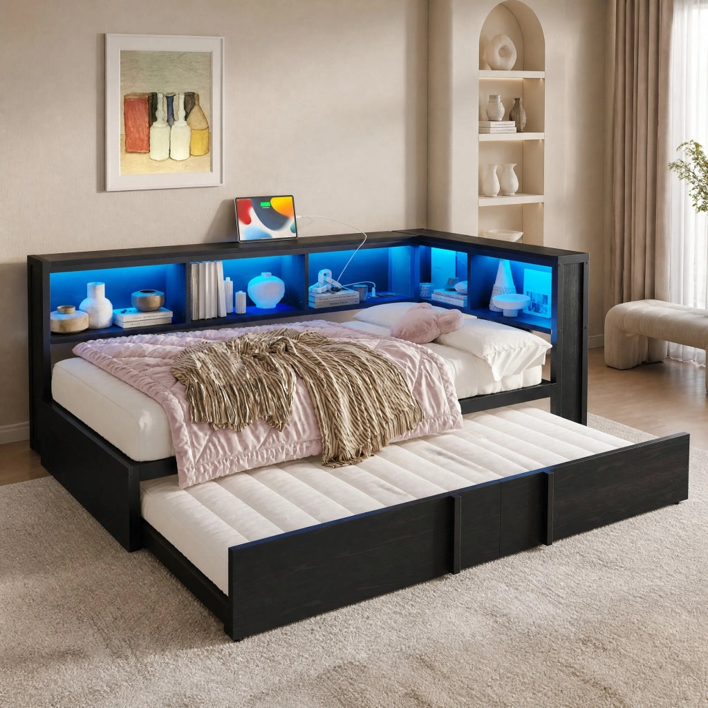 LETTO Con letto estraibile 90x200 cm Metallo e MDF Nero con vani contenitore