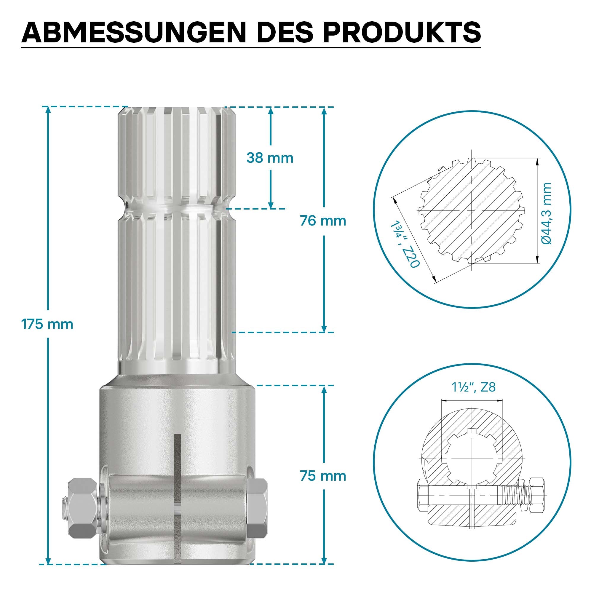 Boccola albero cardanico 175mm Attacco albero scanalato 8-32x38x6 per albero uscita 1 3/4" 20 denti