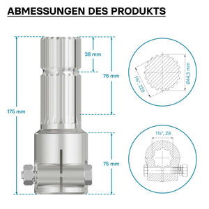 Boccola albero cardanico 175mm Attacco albero scanalato 8-32x38x6 per albero uscita 1 3/4" 20 denti