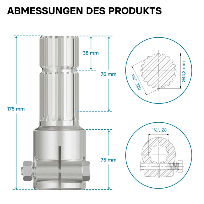Boccola albero cardanico 175mm Attacco albero scanalato 8-32x38x6 per albero uscita 1 3/4" 20 denti