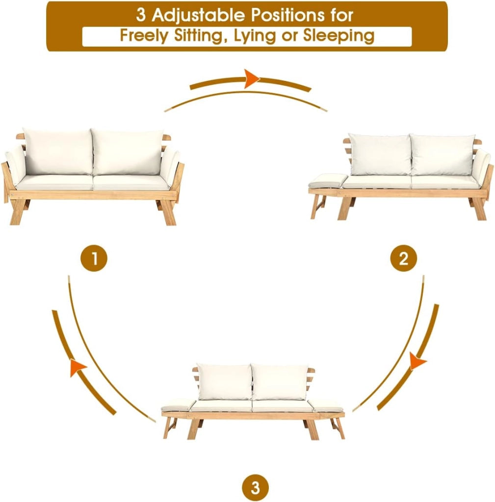 Divano Esterno Giardino 2 Posti, 2 in 1 con Cuscino Morbido, Divanetto da Esterno in Legno di Acacia con Braccioli Regolabili, Sdraio per Terrazza e Cortile, 198/157 x 75 x 75 cm (Bianco)