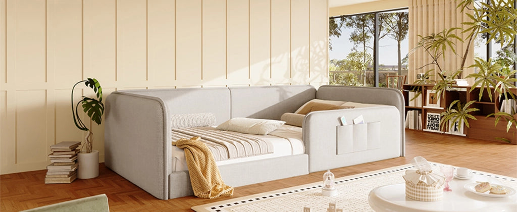 DESMIU Letto singolo 90 × 200 cm con tasche laterali, in lino, beige, senza materasso