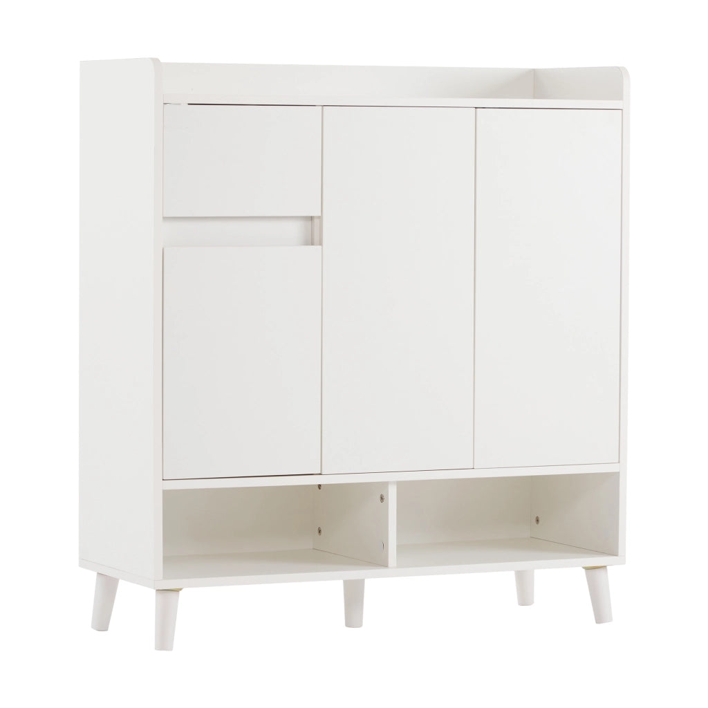Mobile contenitore moderno con ripiani regolabili e gambe in legno massiccio, bianco, H99 x L90 x P35 cm