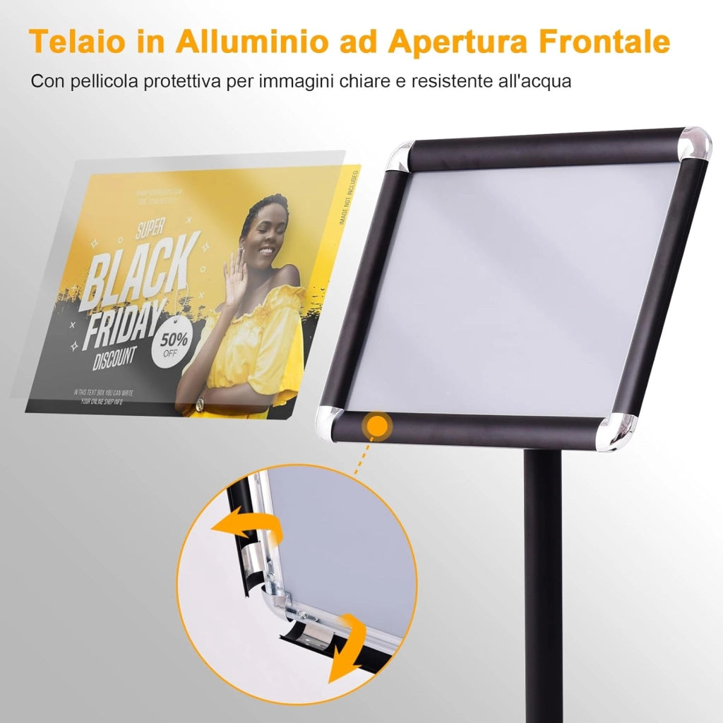 A4 / A3 Supporto Poster Espositore da Pavimento Supporto Menù Pubblicità in Metallo, Girevole e Regolabile in Altezza (Nero)