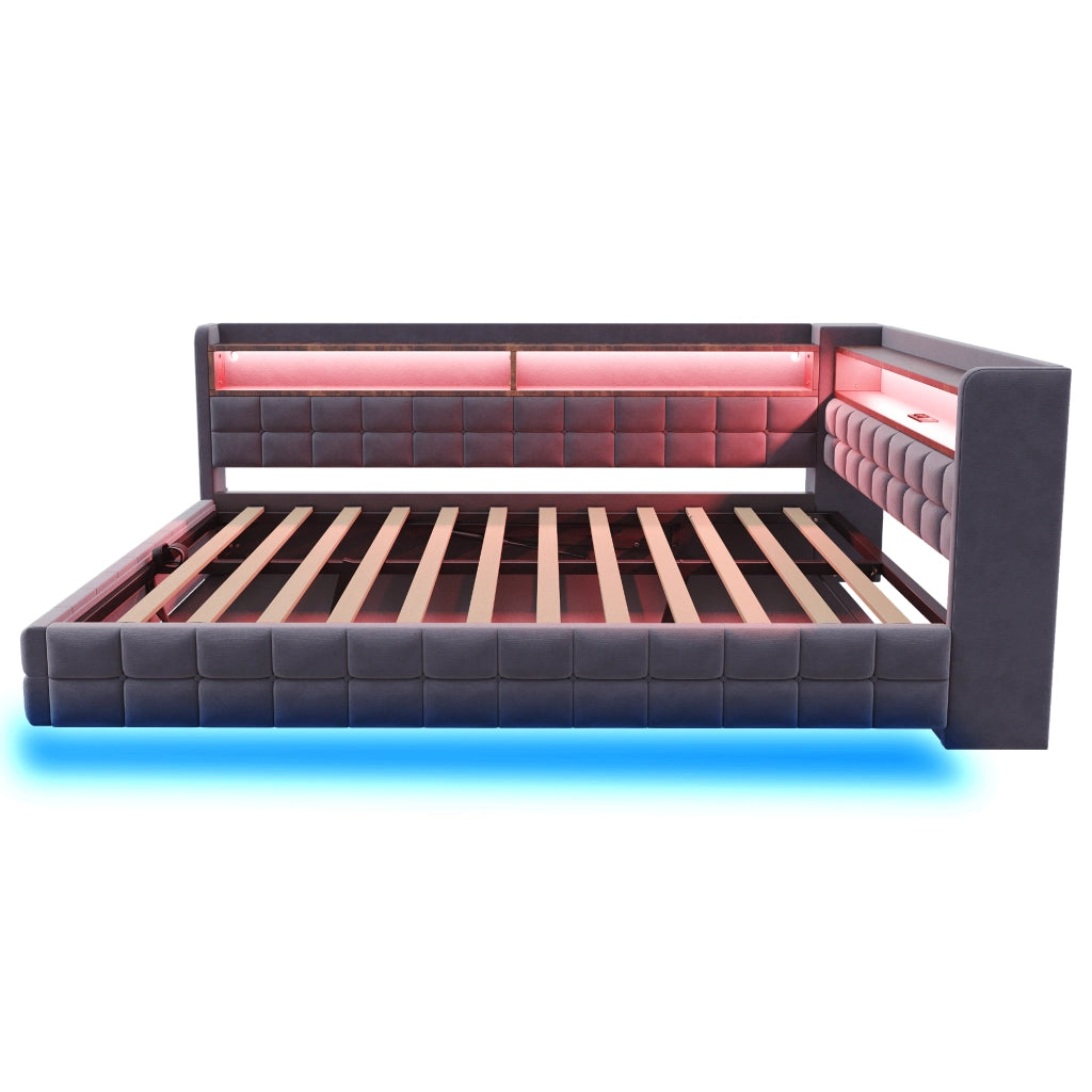 Letto imbottito 140x200 cm con contenitore; LED e prese USB e Tipo-C in velluto grigio