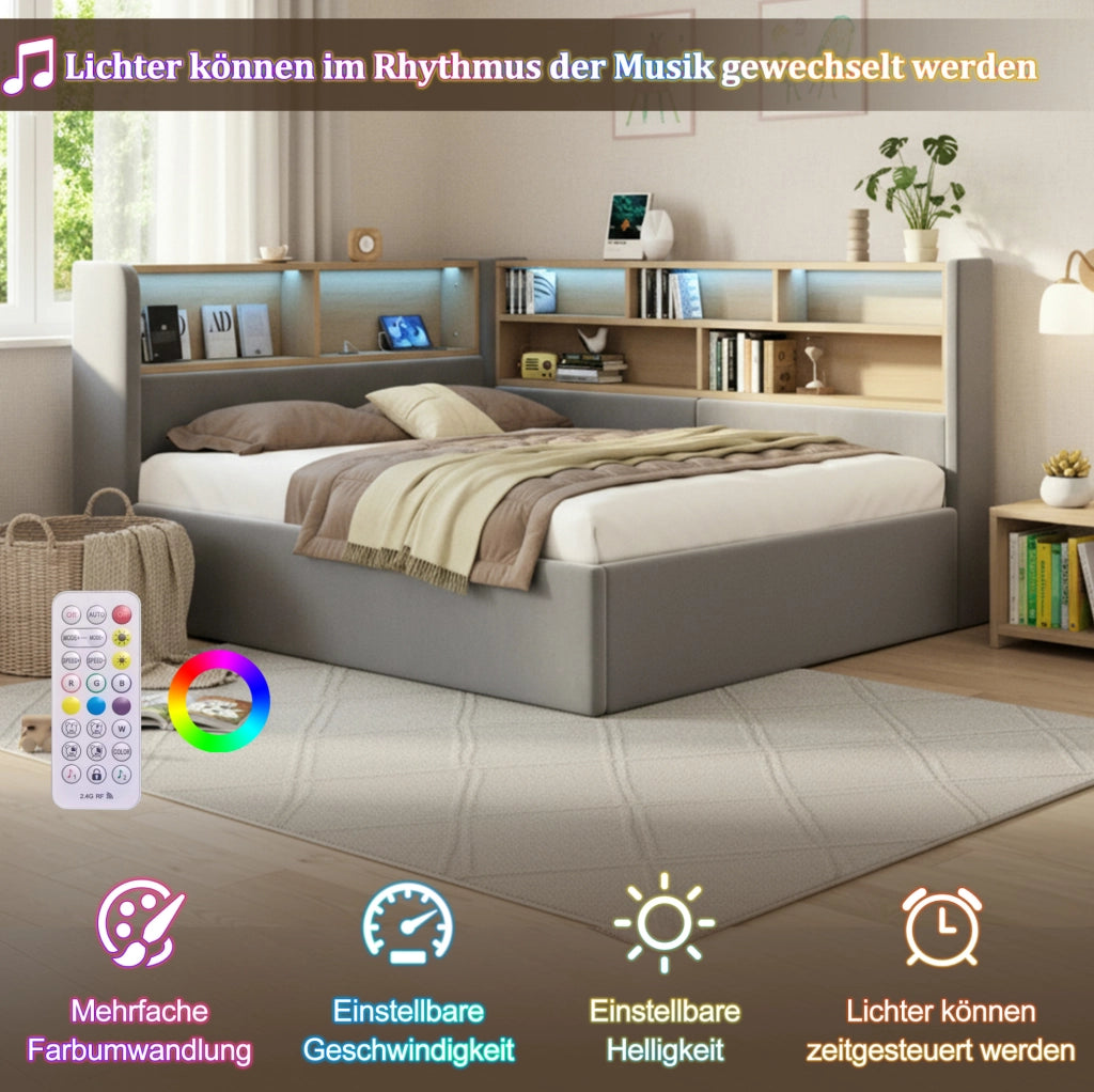 Letto daybed imbottito 140x190 cm con contenitore idraulico; LED; USB e rivestimento in velluto grigio