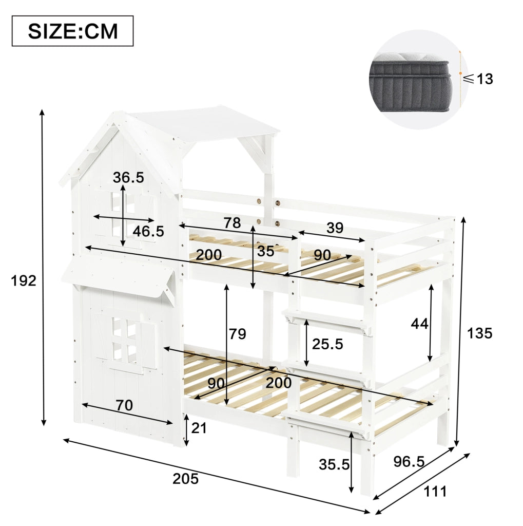 Letto a castello 90x200 cm con finestre e tetto; scala; in legno e MDF bianco