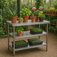 Tavolo da lavoro in acciaio inox 120 x 60 x 85 cm con 2 ripiani inferiori e piedi regolabili