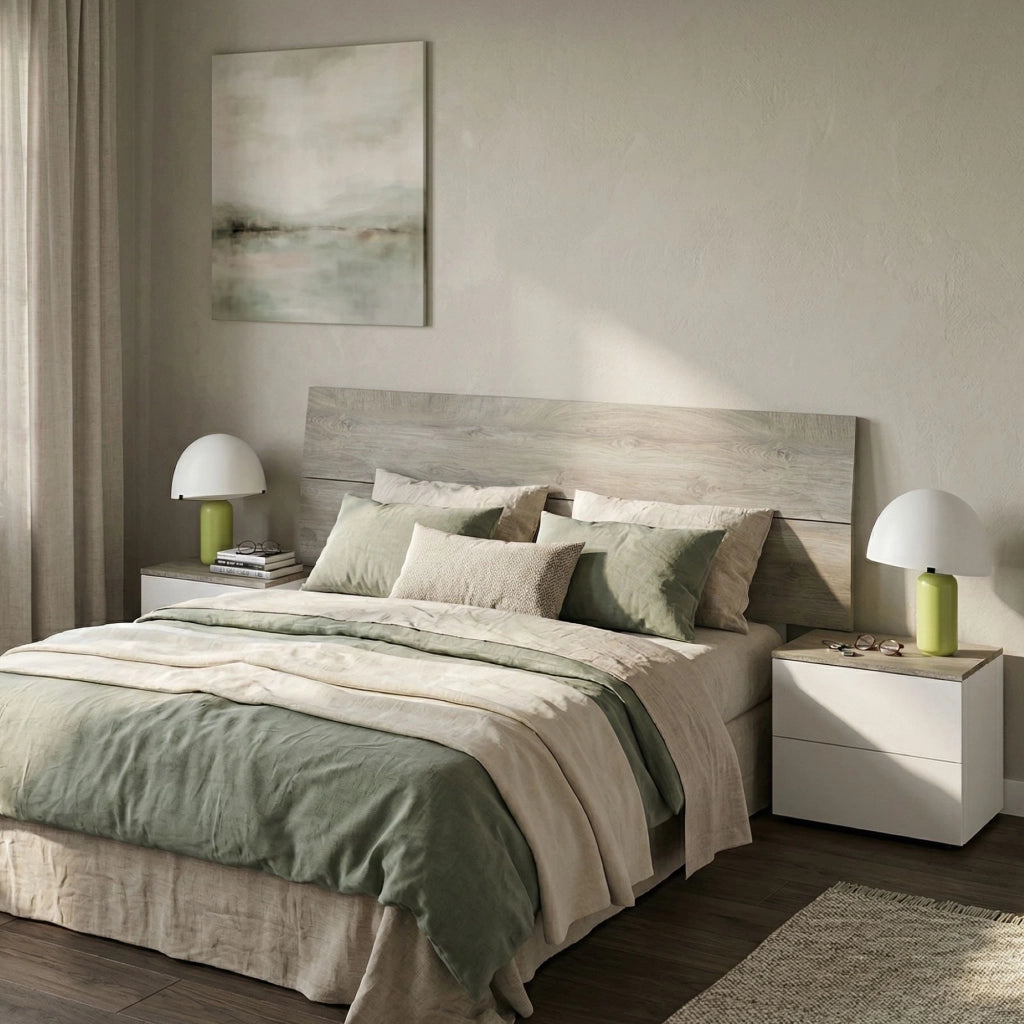 Testiera letto Assago, Spalliera, Testata per camera da letto, Poggiatesta, 176x6 h54 cm, Bianco e Rovere