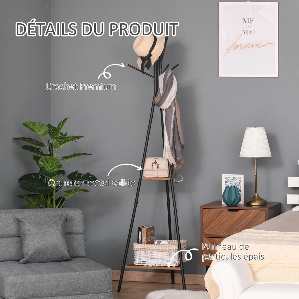 Appendiabiti a Treppiede con 2 Ripiani ¨C Xylo ¨C Metallo Nero e Legno 52x46x182cm