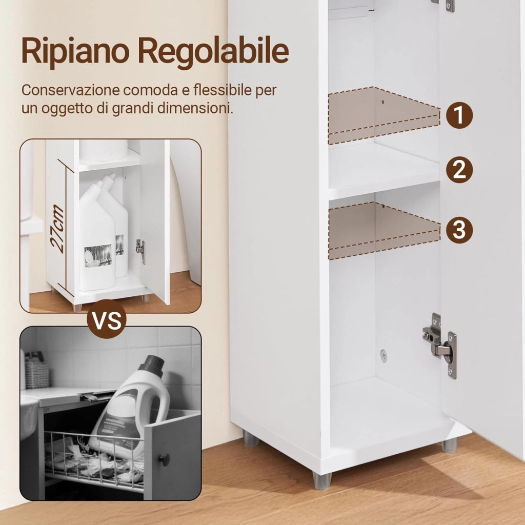Mobiletto Bagno Salvaspazio Mobile Bagno Stretto (20 cm), Colonna Bagno Alta con Cassetto e Ripiani Regolabili, Mobile Almacenaje per Piccoli Spazi e WC, Bianco, 20x20x96 cm, BZR151-W