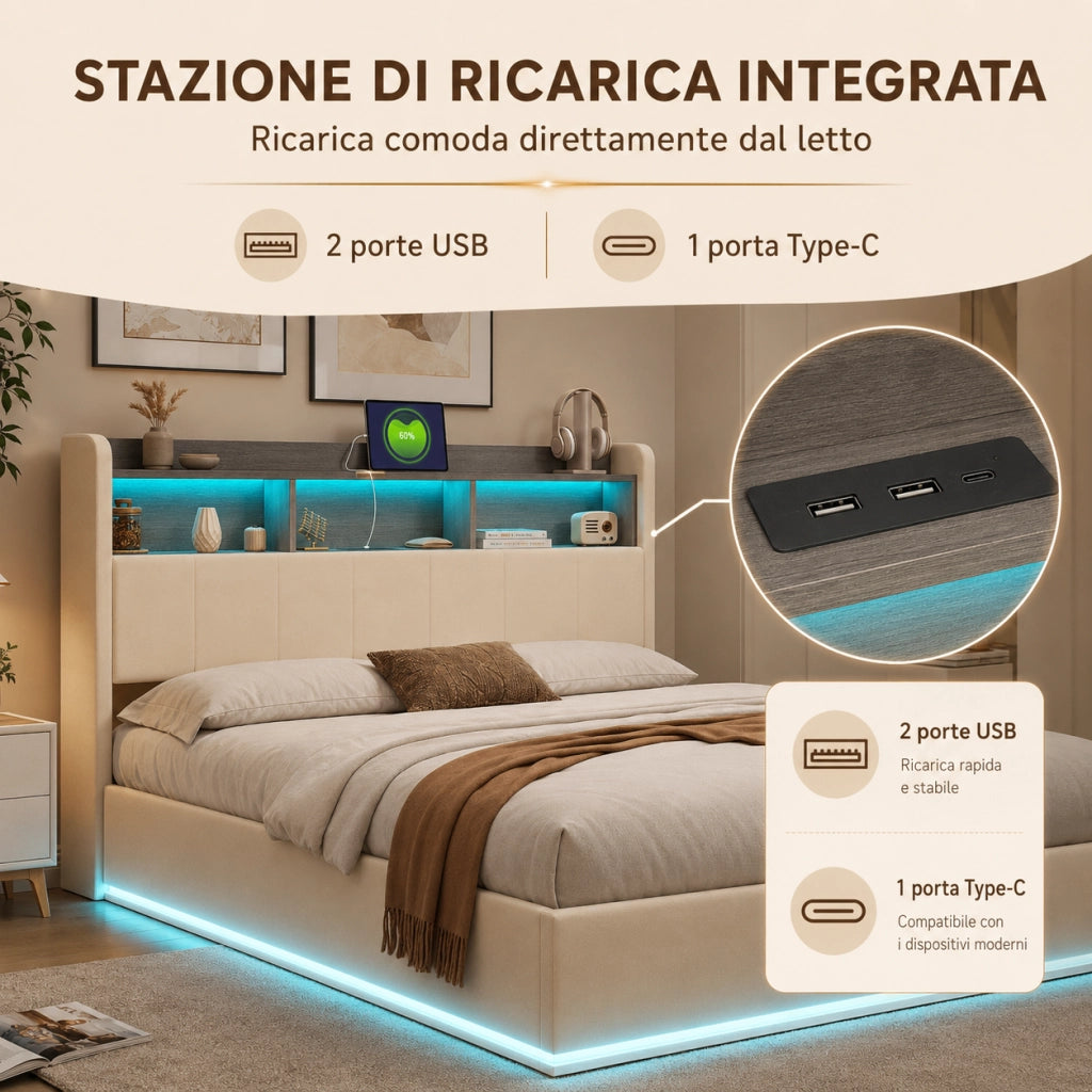 Letto matrimoniale contenitore idraulico 140x190 cm, rivestimento velluto beige, testiera con vani, LED RGB, porte USB‑A e USB‑C, capacità 350kg