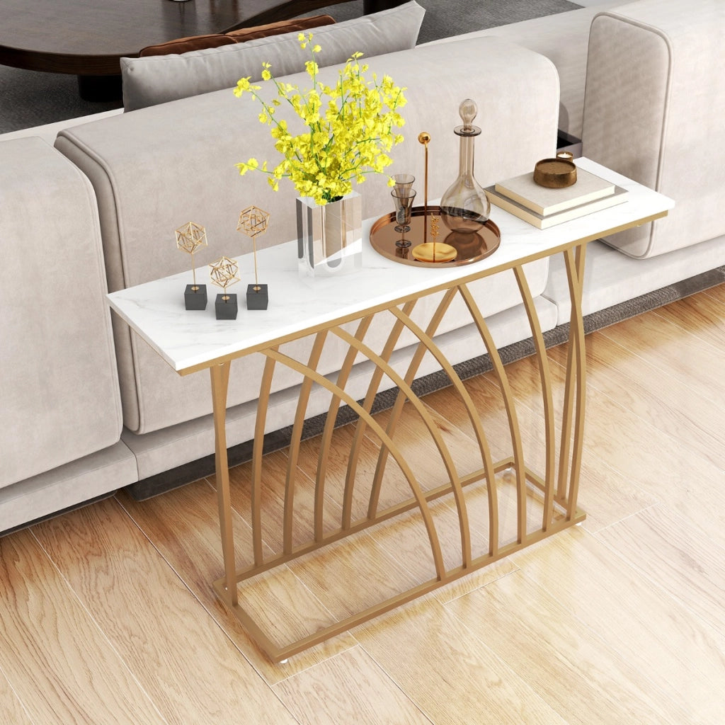 Tavolo consolle da 120cm con piano effetto marmo base geometrica, Tavolo da ingresso lungo e stretto Bianco-Consolle