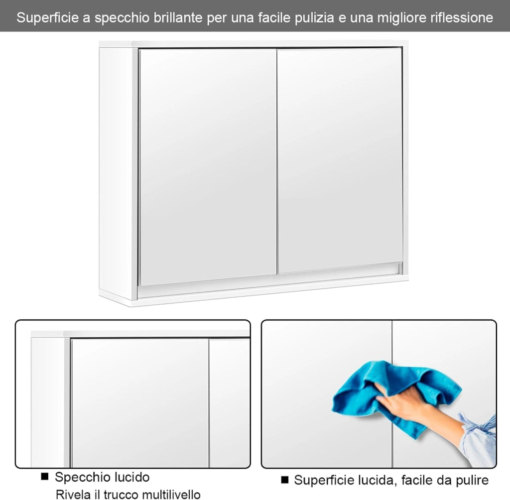 Mobile a Specchio per Bagno, Armadio da Parete con Doppio Specchio, Armadio Organizer Multiuso per Cucina e Bagno, 55 x 14 x 45 cm