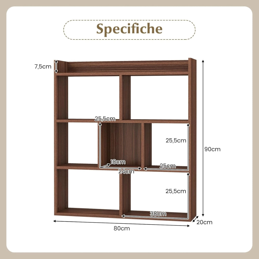 Libreria a Cubi con 7 Scomparti, Mensola Espositiva per l'Archiviazione, Libreria in Legno con Dispositivi Anti-Ribaltamento, per Studio Soggiorno, 80x20x90 cm (Marrone)